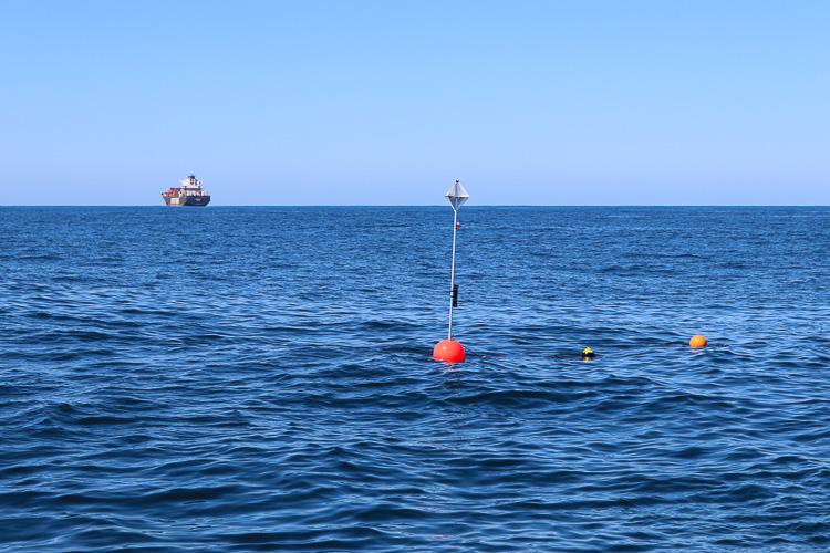 Photograph of a drifting acoustic spar buoy recorder (DASBR) deployed during the ACCESS 2021 cruise. Credit: Shannon Rankin.