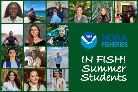 Photos of students of various races, ethnicities, and genders. Some are headshots, some are action photos of the students in nature or casual settings. NOAA Fisheries logo. 