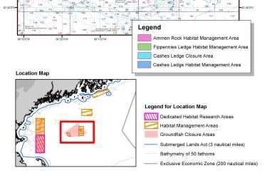 Cashes Ledge Groundfish Closure Area. This map includes the Ammen Rock Area Habitat Management Area, Fippennies Ledge Habitat Management Area and the Cashes Ledge Closure Area and Cashes Ledge Habitat Management Area. Map created 7/23/2020.