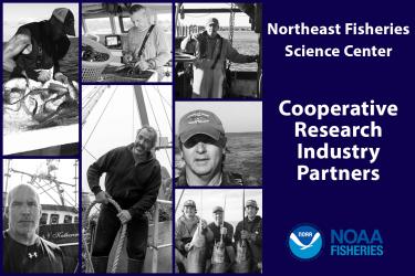 Northeast Fisheries Science Center cooperative research industry partners graphic with 7 photos of fishermen.