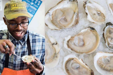 The Oyster Ninja, Gardner Douglas, carefully trims a raw oyster from its shell. Photo credit: Gardner Douglas.