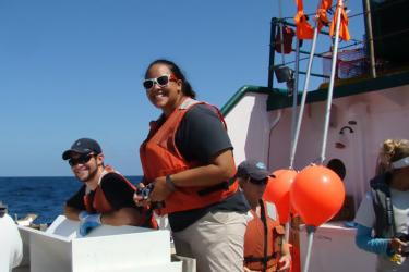 A group of research staff underway on a vessel.