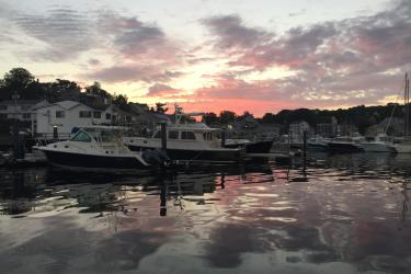 Boats in a harbor at sunrise