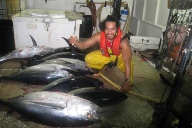 Esera examines some bigeye tuna