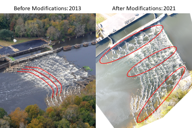 Aerial view of before and after photo of the original nature-like fishway at Cape Fear Lock and Dam Number 1 (2013) and modified nature-like fishway. (2021)