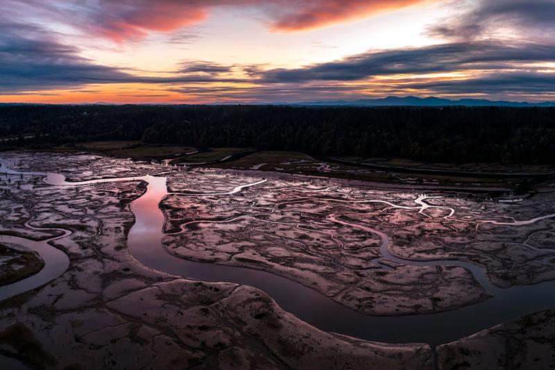Aerial view of the Nisqually River Basin at sunset