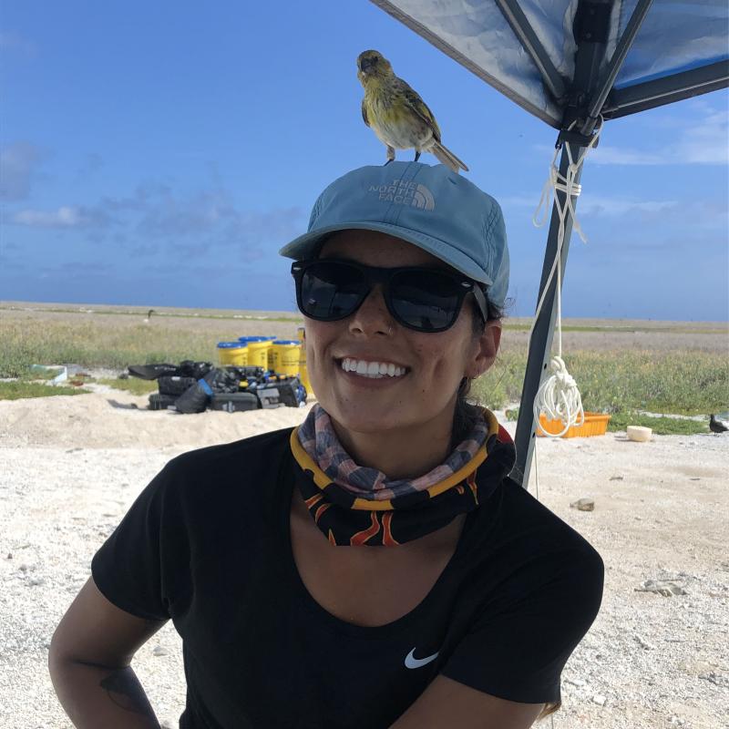 Alexa Gonzalez in the Northwestern Hawaiian Islands. A bird is sitting on her head.