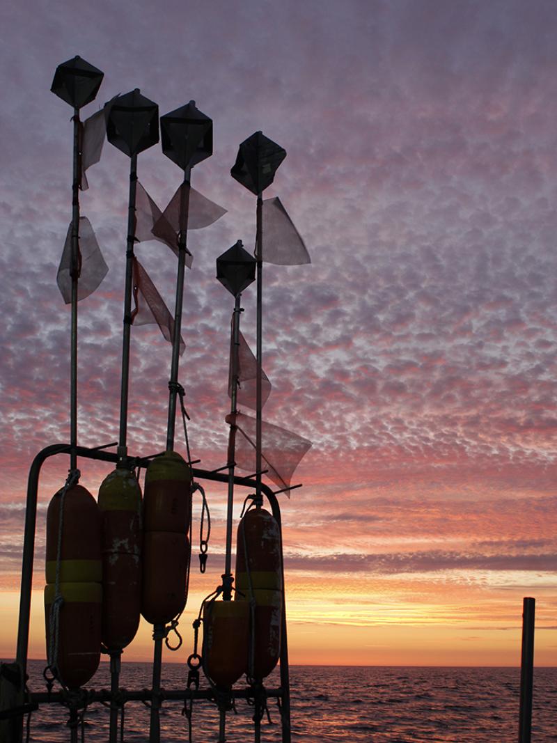 all fishing gear buoys onboard a vessel are silhouetted against textured sky and colored sunset