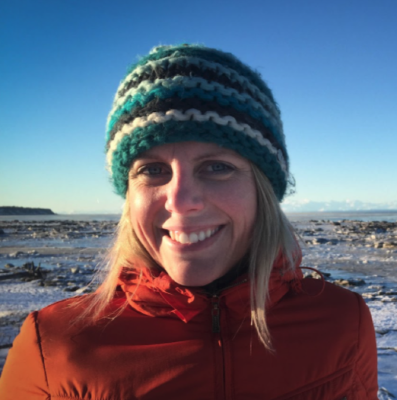 Kirstin Holsman is pictured in front of an ice and water landscape with mountains in the distance