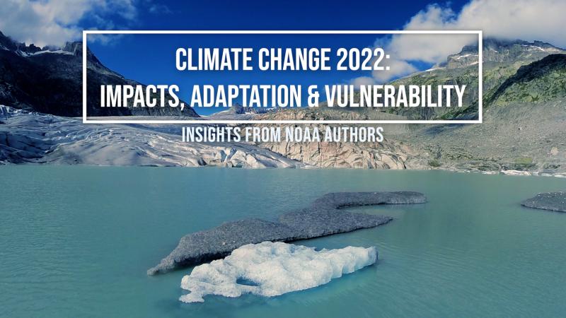 Photo of melting glaciers with text overlaid that says "Climate Change 2022: Impacts, Adaptation & Vulnerability."