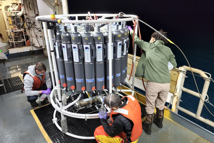  A color image taken on the ship's deck in fair weather at night. At center, three people remove water samples from bottles held in  an open, metal, cylindrical frame about 8 feet high. The bottles are cylindrical, opaque, and look like scuba air tanks.