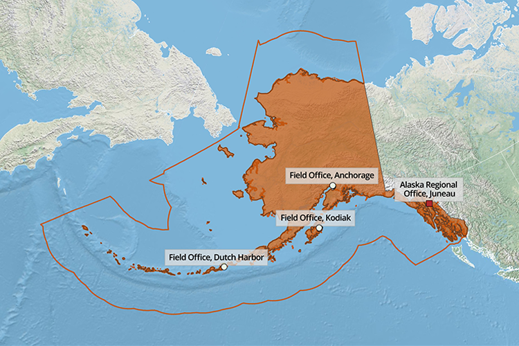 map of Alaska showing locations of NOAA Fisheries field offices