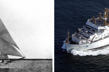 Left: Fish Commission Schooner Grampus, Right:  The NOAA Ship Henry B Bigelow