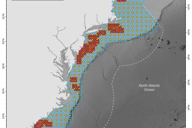 Map showing the northeast US offshore wind energy development areas and proposed PAM network
