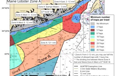 Maine Zone A lobster traps per trawl minimum map