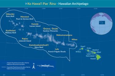 This map shows the Hawaiian Archipelago, the range of the Hawaiian monk seal. Within the monument, the English names of the islands are printed in white and the Hawaiian island names are in yellow. Credit: https://www.papahanaumokuakea.gov.