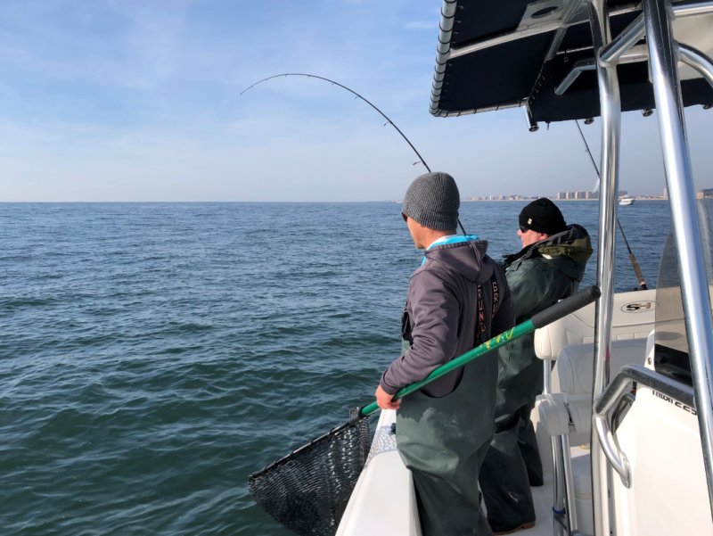 Anglers fishing for striped bass off Long Island, New York