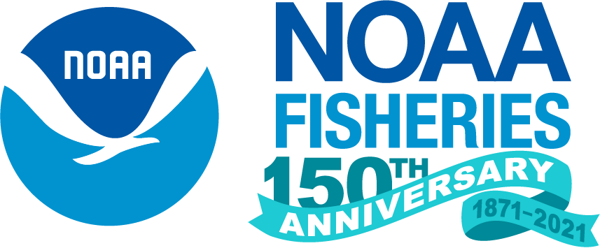 NOAA Fisheries emblem with a teal ribbon and text highlighting the agency’s 150th anniversary